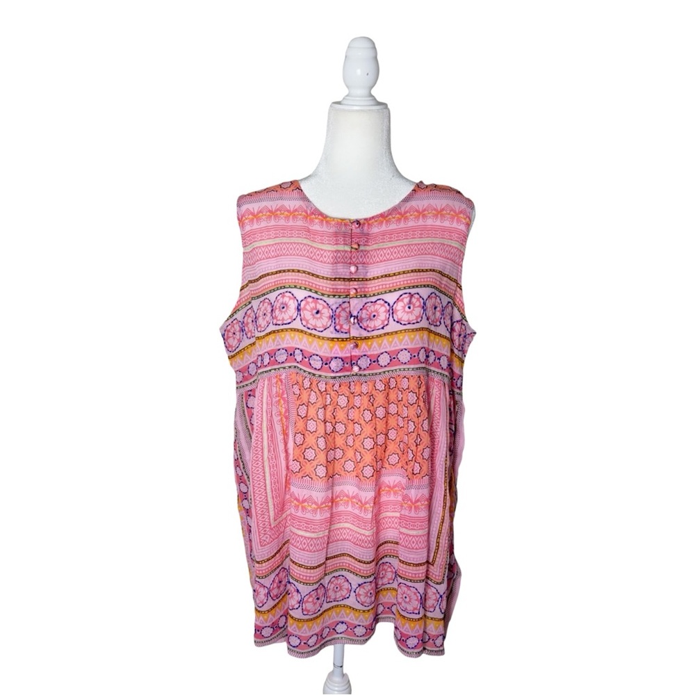 NEW Charlie Paige Bohemian Sleeveless Tunic Top Pink Tribal Print  L/XL